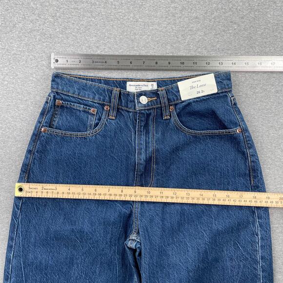 Abercrombie & Fitch High Rise Loose Jeans Women 26 Short Blue Dark Wash Cuff Hem - Picture 8 of 16